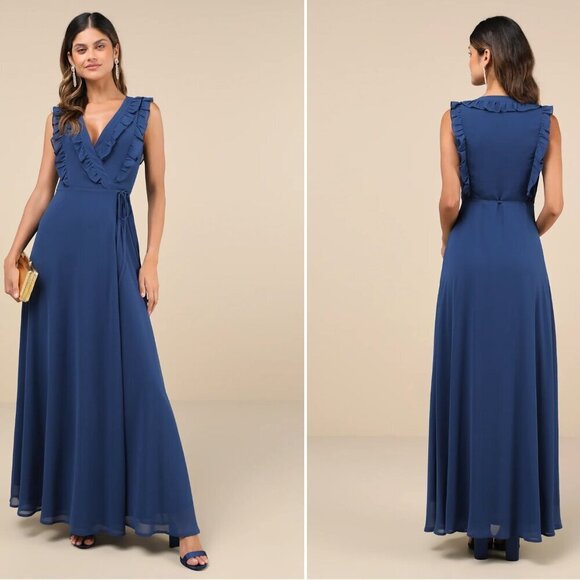 LULU's Elegant Prom Wedding Bridesmaid Elegant Romantic Ruffles Wrap Maxi - Picture 5 of 5